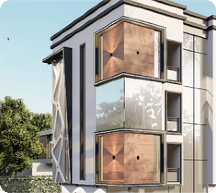 Modern apartment building with timber-clad balconies