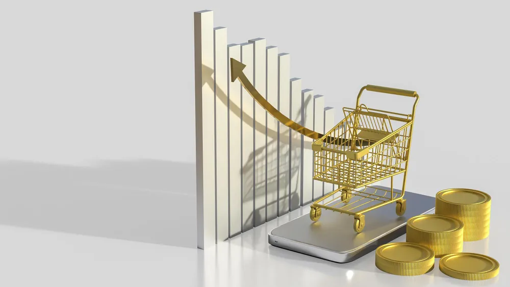 Rising bar chart with a shopping cart and gold coins