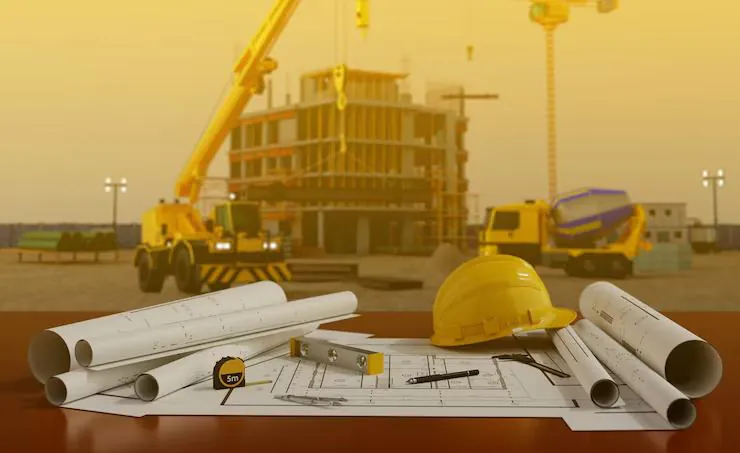 Hard hat and building plans on a desk at a construction site