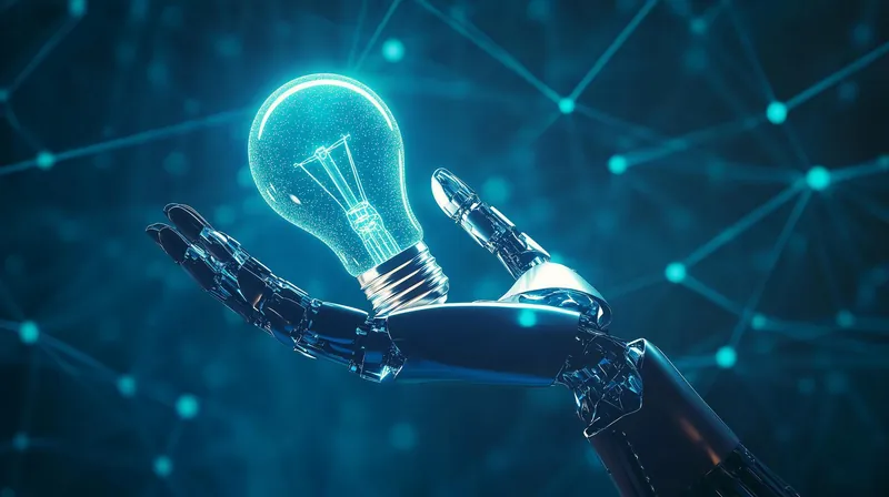 Robotic hand holding a glowing light bulb