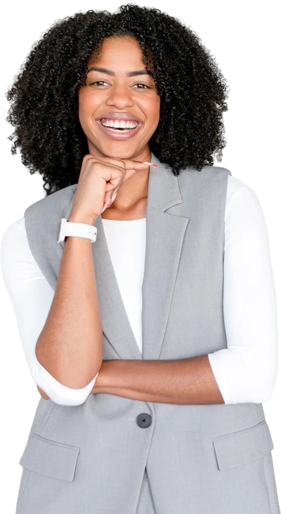 Smiling young professional resting her chin on her hand