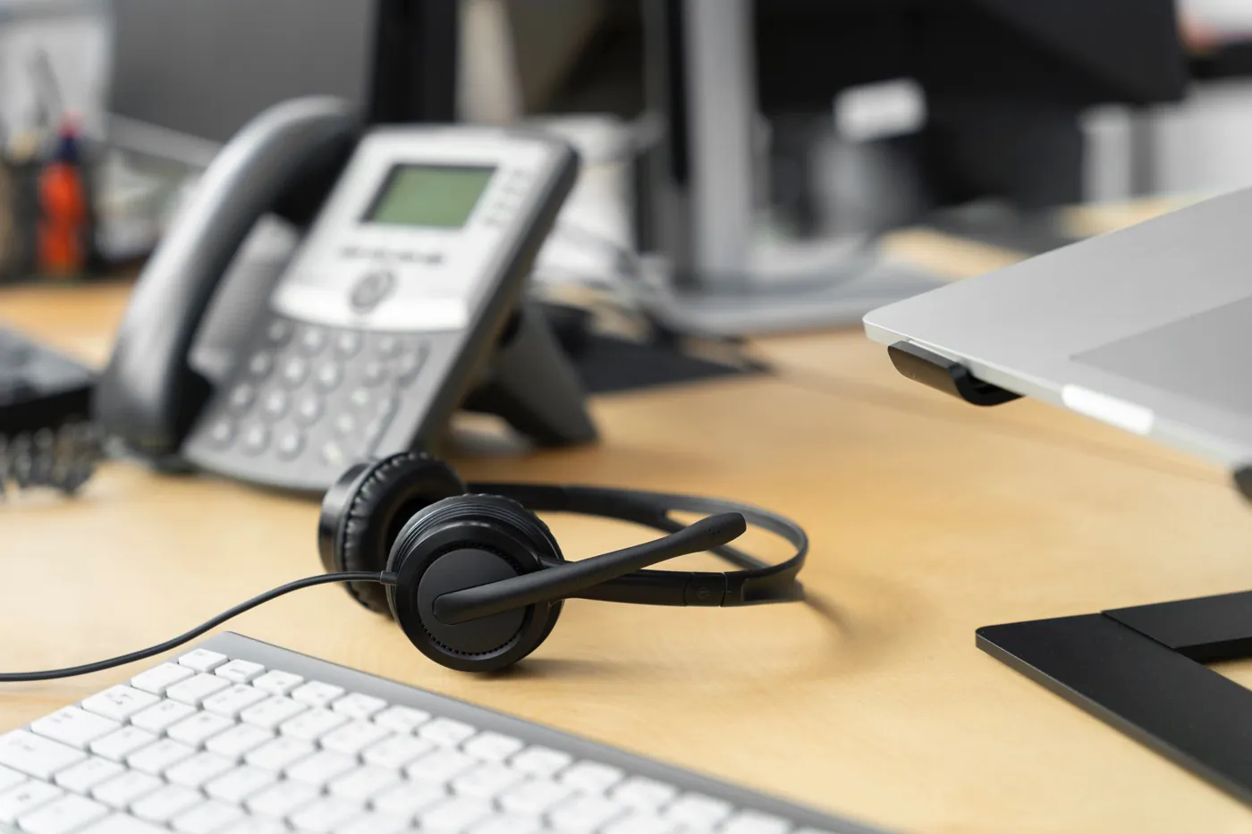 Office desk phone and headset