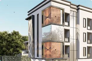 Modern apartment building with timber-clad balconies