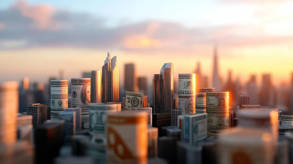 City skyline built from stacks of banknotes